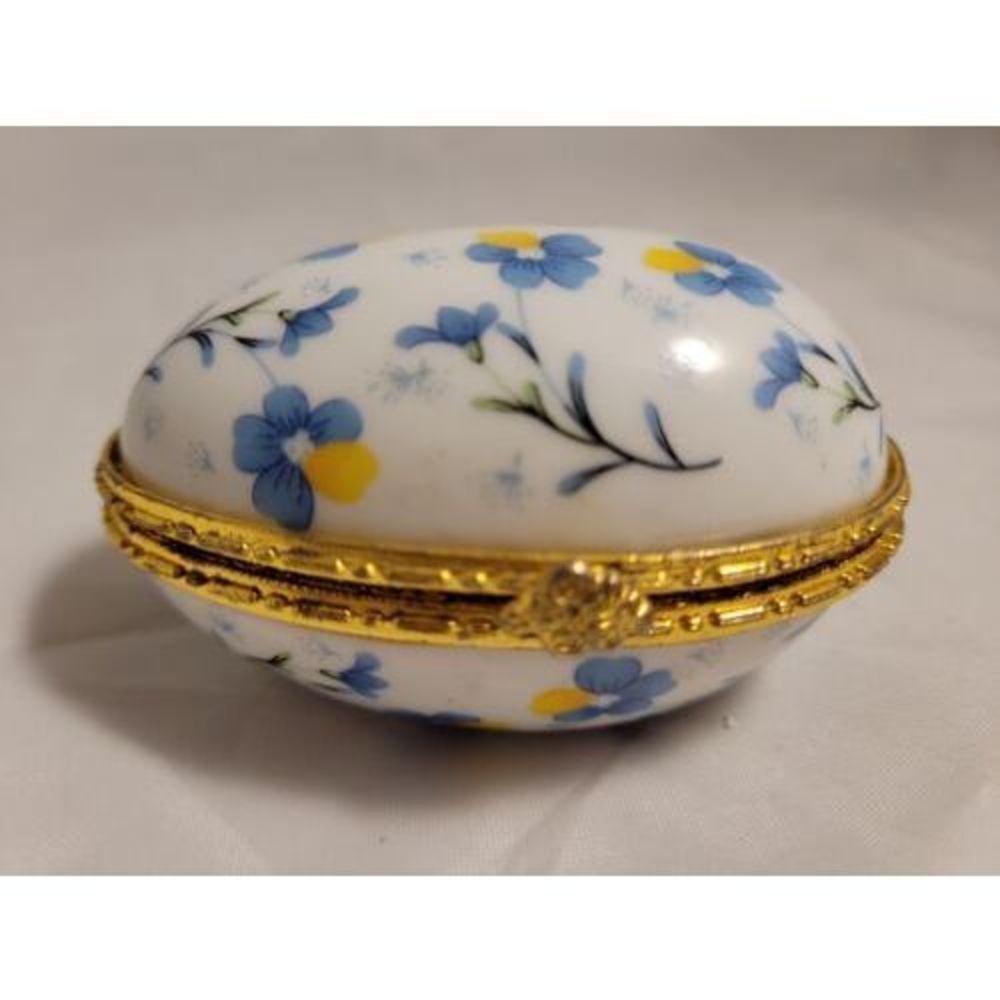 Egg trinket box‎ blue white floral gold tone accent Easter Gift Box